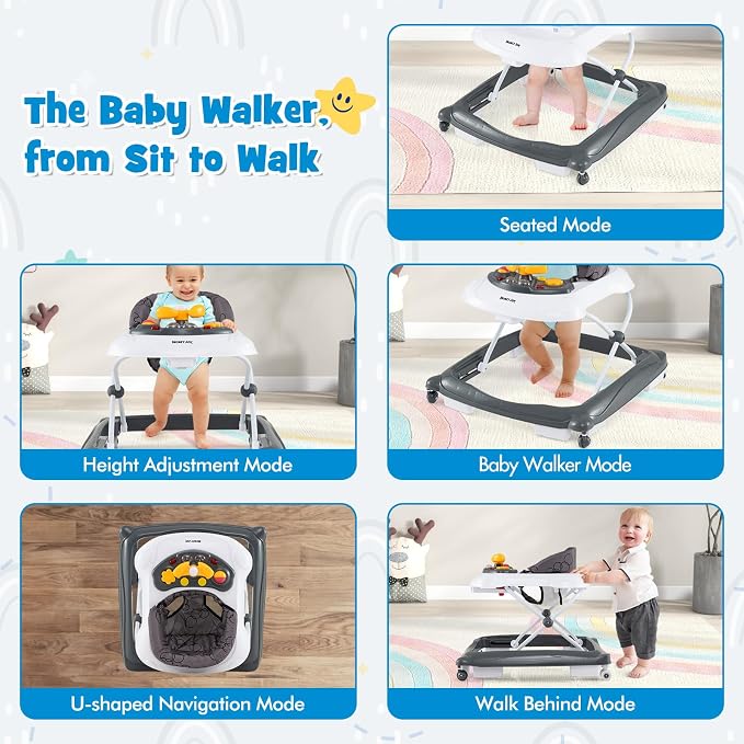 HONEY JOY Baby Walker, 5 in 1 Infant Activity Walker with Wheels, Music, Removable Cushion, Toddler Foldable Push Walker for Boys Girls, Anti-Rollover Walkers for Babies 7-14 Months (Gray)