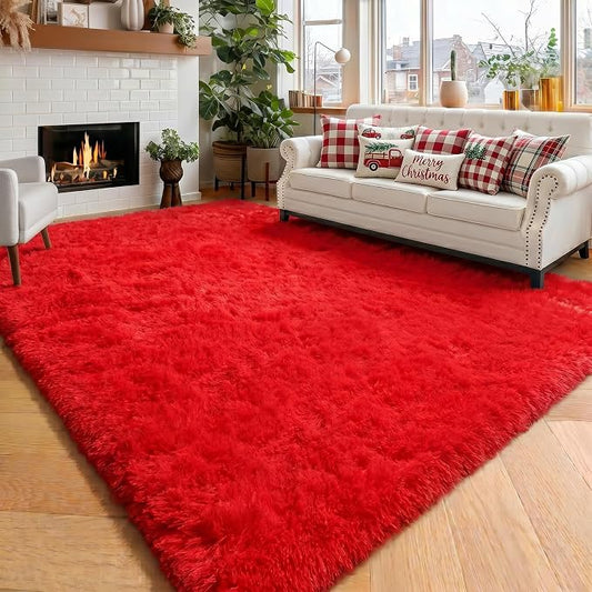 Amdrebio Red Christmas Fluffy Area Rug 4x6 for Boys Bedroom Living Room | Fuzzy Furry Soft Plush Shaggy Floor Carpet, Classroom Nursery Dorm Playroom Office Apartment Decor, Baby Toddler Kids Corner