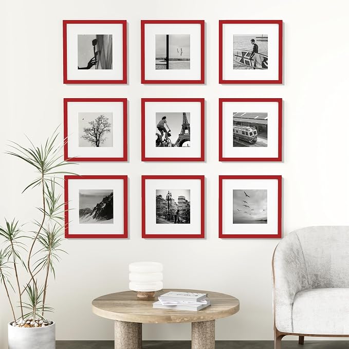 Vittanly 12x12 Picture Frames Set of 9 for Wall Mounting, Red | Display Pictures 8x8 with Mat or 12x12 without Mat for Wall Mounting, Square Photo Frames for Home Decor, Engineered Wood