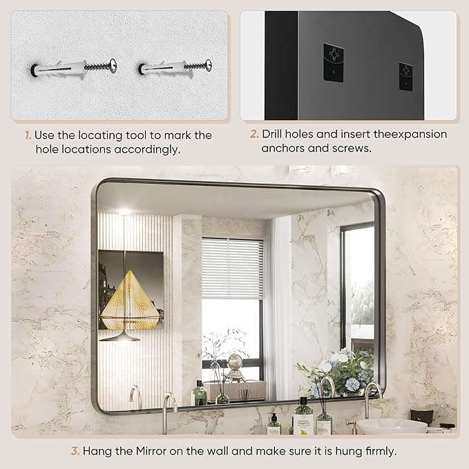 Sweetcrispy Bathroom Mirror 36x24 Inch Black Metal Framed Rounded Rectangle Vanity Mirrors for Wall, Over Sink, Farmhouse, Restroom, Anti-Rust, Modern Decorative, Horizontal or Vertical Hanging