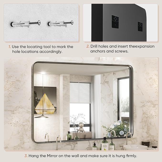 Sweetcrispy Bathroom Mirror 30x22 Inch Black Metal Framed Rounded Rectangle Vanity Mirror for Wall, Over Sink, Farmhouse, Restroom, Anti-Rust, Modern Decorative, Horizontal or Vertical Hanging