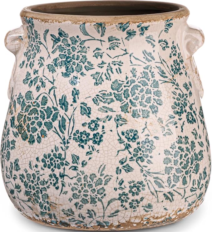 Ceramic Scroll Planter 6.5 Inch Chinoiserie Floral Vase with Drainage Holes Vintage Flower Vase Flower Pot Rustic Ceramic Pots for Indoor Plants Garden Home Bookshelf Decor(Indigo Blue)