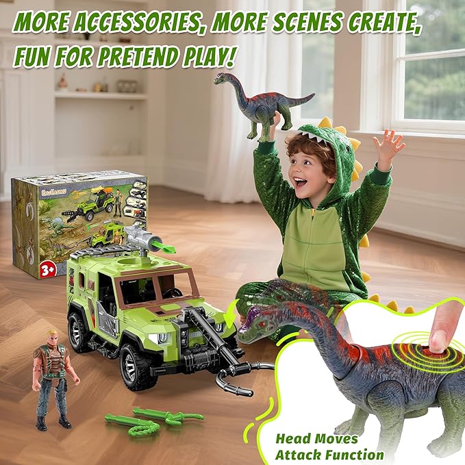 EKU Dinosaur Truck with 10 Sounds, Launcher, Wide-Mouth Fork, Human, Heads Moves Attack Brachiosaurus Figure, Push and Go Adventure Vehicle for Jurassic World Toys Pretend Play Gifts for Kids 3+