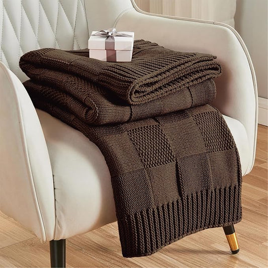 CozeCube Dark Brown Knitted Checkered Throw Blanket 50"X60" | Check Knit Throw for Couch, Decorative Christmas Soft Cozy Warm Blanket for Bed Sofa Living Room