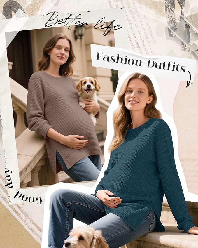 3 Pack Women's Maternity Shirts Long Sleeve Waffle Knit Side Split Oversized Tops Pregnancy Clothes Fall Tees