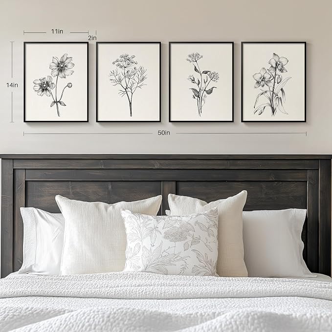 Framed Black and White Floral Wall Art for Bedroom, 4 Piece 11x14 In | Modern farmhouse wall decor, Minimalist flower pictures, Botanical canvas Prints, Living room kitchen bathroom wall decor