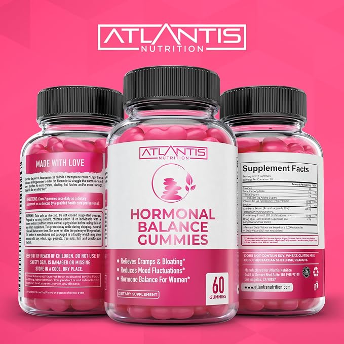 Atlantis Nutrition Hormonal Balance for Women & PMS Relief Gummies - Alleviates Cramps, Bloating, Mood Swings, Hot Flashes & Night Sweats - Cranberry, Dong Quai & Chasteberry Menstrual Cramp Relief