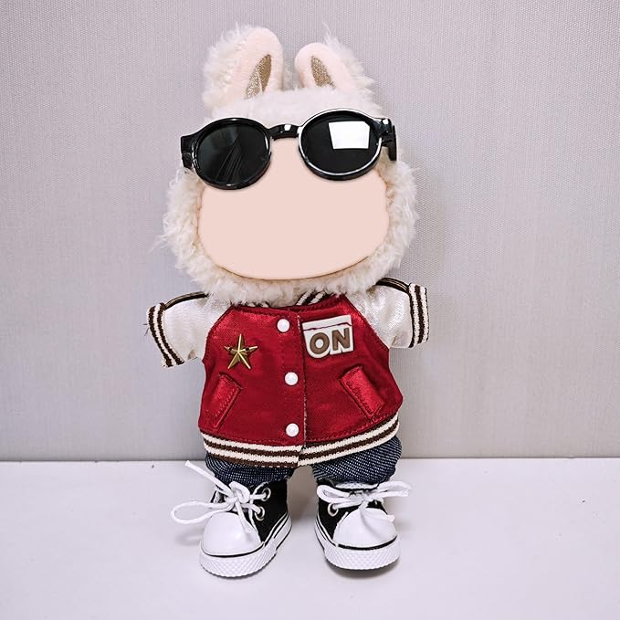 Doll Outfit Set for 17cm Dolls, 4 Piece Clothes Set for Labubu, Premium Fashion Clothes for Labubu Dolls Accessories Suit,Baseball Jacket+Jeans+Canvas Shoes+Glasses