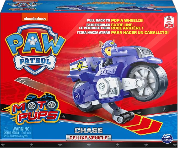 Paw Patrol, Moto Pups Chase’s Deluxe Pull Back Motorcycle Vehicle with Wheelie Feature and Toy Figure