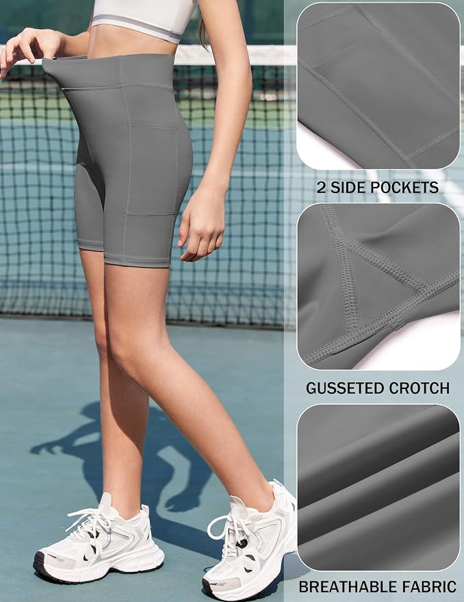 Zaclotre Girls Bike Shorts with Pockets Kids 5" High Waisted Yoga Workout Athletic Running Volleyball Spandex Shorts