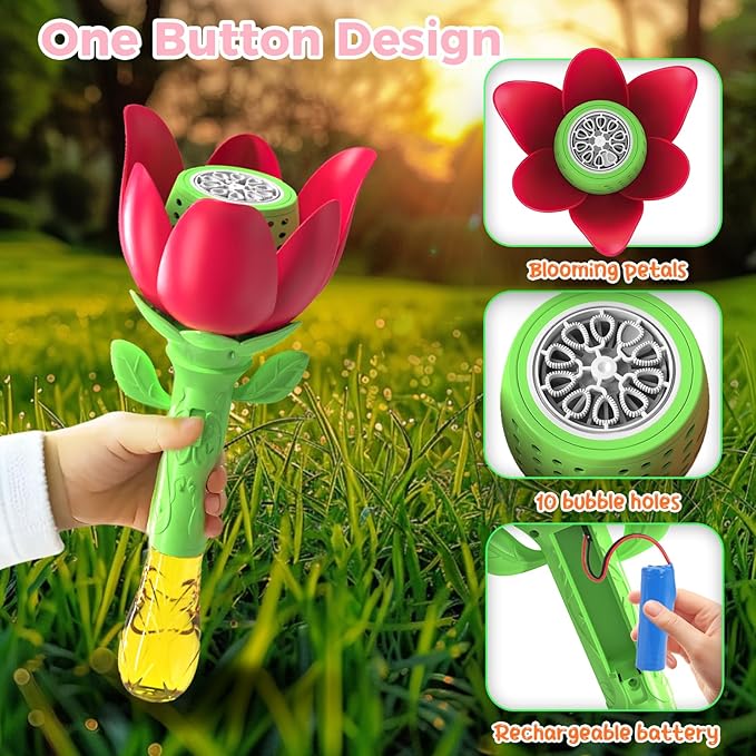 Bubble Wand Blower for Kids Handheld Lotus Bubble Wand Automatic Bubble Machine with Battery/Light/10000+Bubbles/Bubble Solution Bubble Toy for Girl Boys Party Weddings Outdoor Indoor (Red-3099)