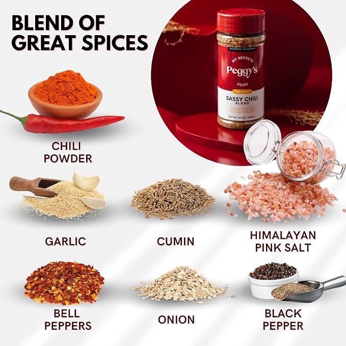 My Secrets Peggy’s Food Sassy Chili Blend Spicy Chili Seasoning – Hot Chili Powder Seasoning– Perfect Blend of Chilies & Herbs With Himalayan Pink Salt – No Preservatives or Additives – 4.5 oz Pack