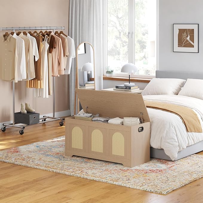 Storage Chest, Wooden Toy Box, Natural Oak 39.4" L | Entryway Shoe Bench, 2 Safety Hinges, Finger-safe Flip-Top, Easy Assembly, Farmhouse Large Trunk, Rattan, Living Room/Bedroom