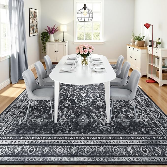 9x12 Area Rugs for Living Room, Black Washable Non-Slip Large Carpet | Soft Area Rug for Bedroom Dining Room Home Office Indoor Nursery, Stain Resistant, Low Pile, Vintage Boho Distressed Rug