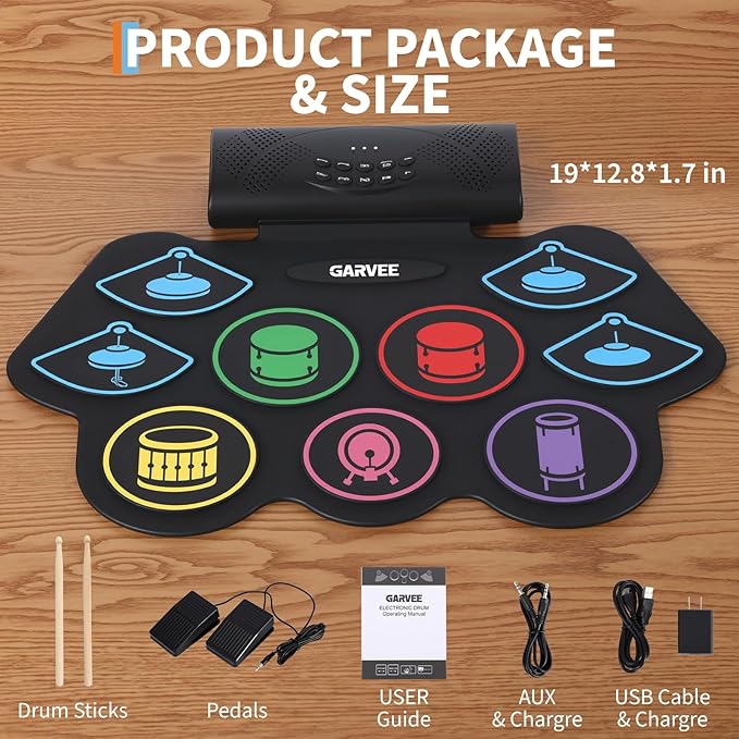9 Pads Bluetooth Electric Drum Set, Portable Roll Up Electronic Drum Pad with Headphone Jack, Pedals & Sticks, Recording Function, Great Holiday Xmas Birthday Gift for Kids