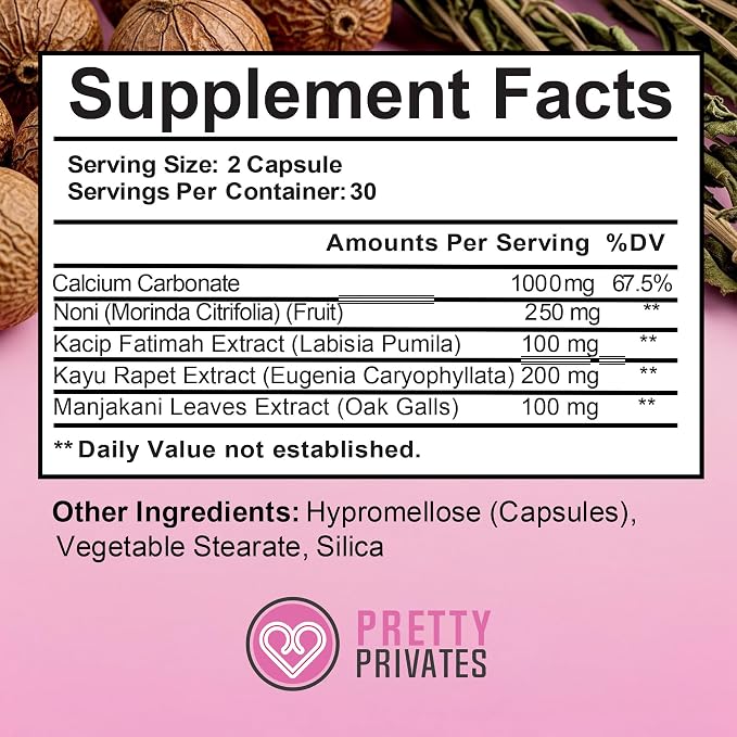 Pretty Privates Vaginal Moisture & Tightening Pills, 60 Capsules | With Kacip Fatimah, Manjakani, Kayu Rapet & Noni Fruit for elasticity, moisture and wetness support and pH balance.