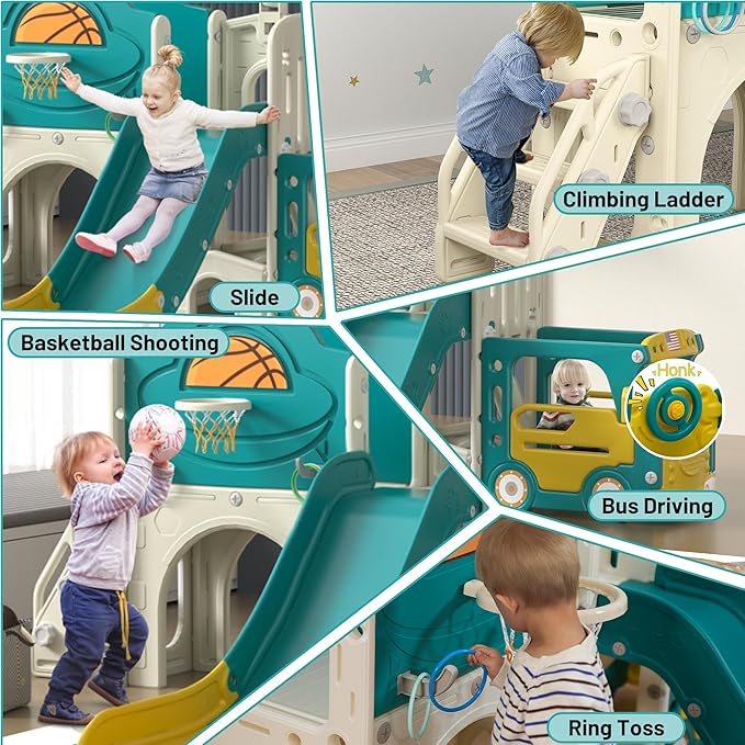 NYEEKOY 9-in-1 Toddler Slide, Bus-Themed Baby Slide and Climber Playset with Basketball Hoop, Ring-Toss, Car Playhouse, Kids Indoor and Outdoor Playground