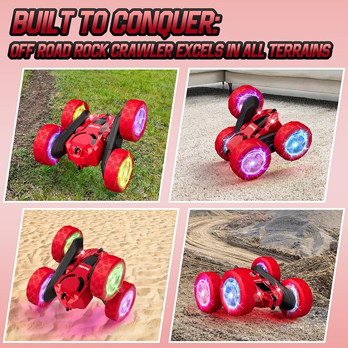 Remote Control Car Double Sided 360°Rotating 4WD RC Cars with Headlights 2.4GHz Electric Race Stunt Toy Car Rechargeable Toy Cars for 6-12 Year Old Boys Girls BirthdayGift (Red)