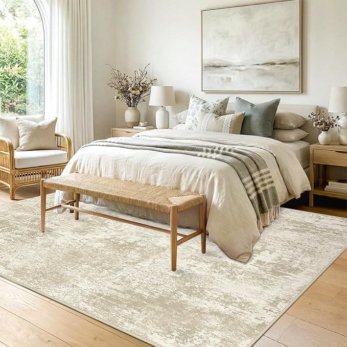 RELEANY Washable 8'x10' Abstract Area Rug for Living Room Cream Beige | carpet for bedroom, kitchen, office, hallway and entryway, printed pattern, non-slip, soft, stain-resistant, easy to clean