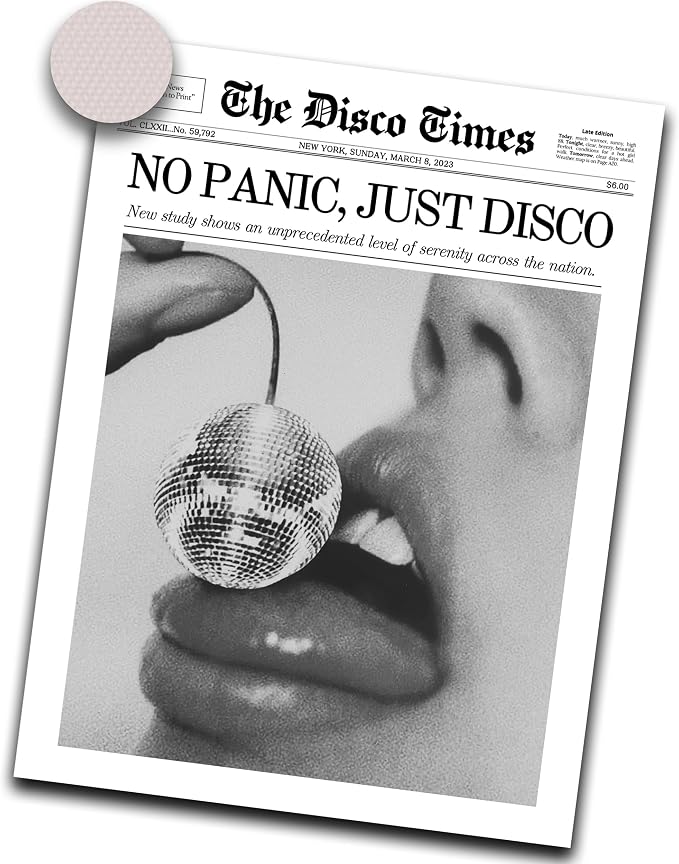 iHery 12x16in No Panic Just Disco Unframed Newspaper Wall Art | Unframed Canvas Poster Print, Retro Disco Ball Decor for Bedroom 1Pack