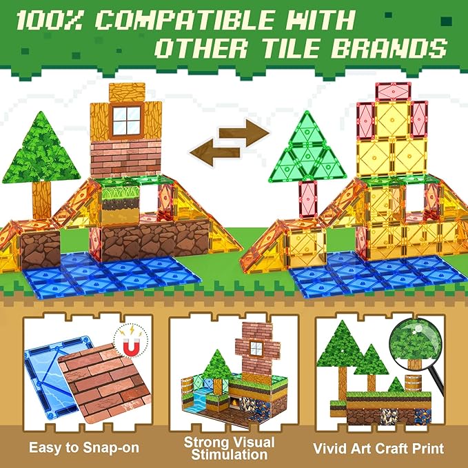 84PCS Magnetic Tiles Building Blocks with Toppers Simulate Mine Magworld Building Craft Construction Game Playset Kids Toys Learning Sensory Toys Gift for Age 4-6, 5-7, 8-12 Boys Girls Gamers