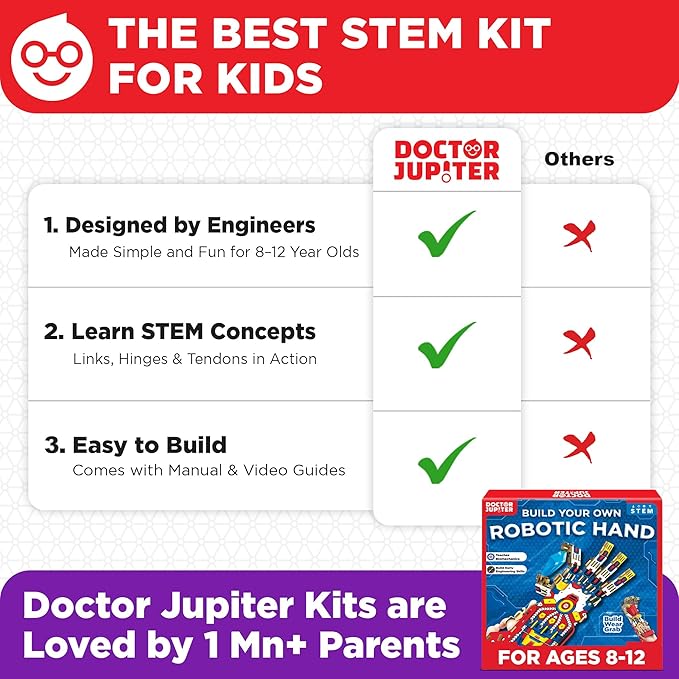 Doctor Jupiter Robotic Hand STEM Kit for Kids Ages 8+ | Birthday Gift Ideas for Boys & Girls | Cyborg Hand, Engineering Kit Toy for 8, 9, 10, 11, 12, 13, 14 Years Olds