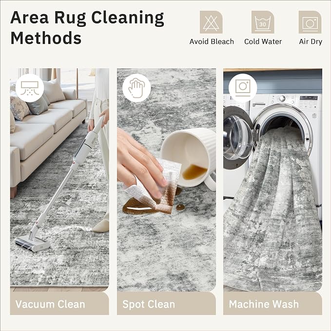 Soalmost Abstract Area Rug 6x9 for Living Room Washable Rugs Gray/White | Non-Slip Low-Pile Carpet for Dining Bedroom, Foldable Thin Vintage Stain Resistant Floor Mat Under Table Home Office Nursery