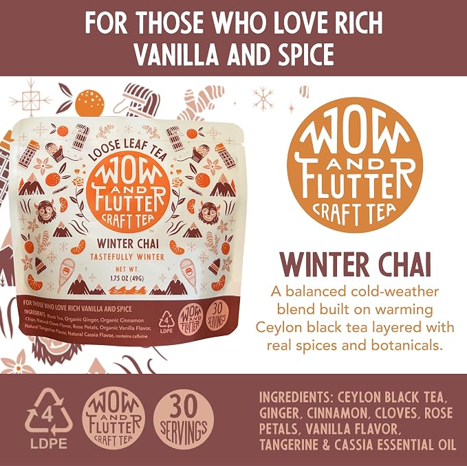Wow and Flutter Winter Chai Loose Leaf Black Tea | Caffeinated Spiced Blend with Ginger, Cinnamon, Cloves, Vanilla & Rose | Bright Citrus Finish, Cozy At-Home Chai Lattes – 1.75 oz Pouch