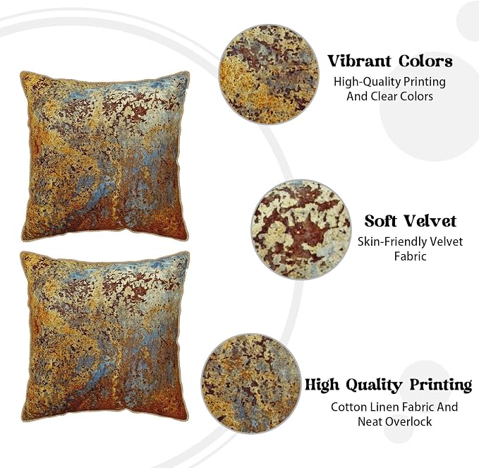 KSLIDS Brown Rust Soft Velvet Throw Pillow Covers Set of 2 Gold Orange Teal Rustic Decorative Pillow Covers 18x18 Inch Rusty Copper Metallic Bronze Pillow Case for Sofa Couch Living Room Home Decor