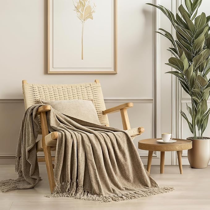 Chenille Knit Throw Blanket for Couch, 50"x60", Beige | Cozy Plush Fuzzy Knittd Throw with Tassels, Lightweight, Decorative, Farmhouse Decor, Ideal for Bed Sofa Gift, All Seasons