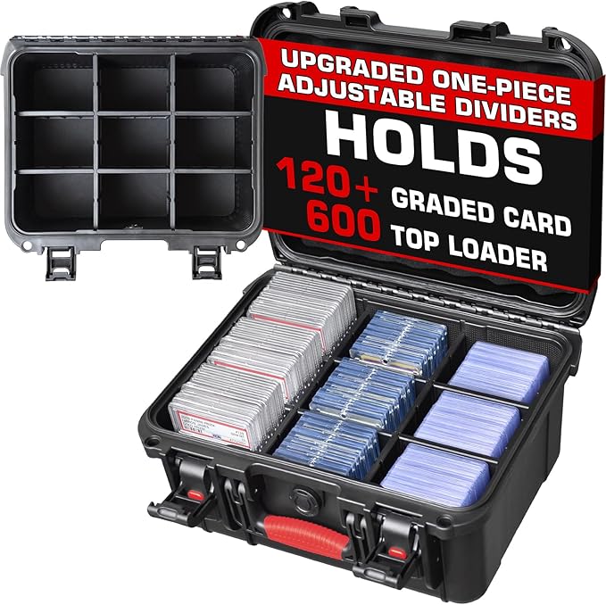 Graded & Trading Card Storage Box – PSA Slab Sports Card Case with 6 Adjustable Dividers, Fits BGS SGC CGC CSG Slabs, Toploaders & Magnetic Holders – Waterproof Hard Shell Organizer for Collectors