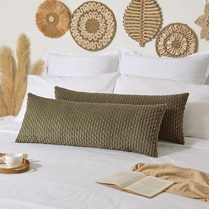 Kevin Textile Soft Corduroy 14"x36" Lumbar Pillow Cover 1 Pack, Olive Green | Boho Stripe Plush Corduroy Decorative Oblong Cushion Cover Modern Farmhouse Home Decor for Sofa Couch Bed Chair