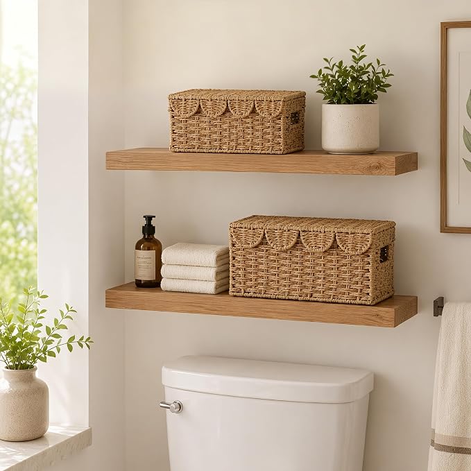 Set of 2 Scalloped Wicker Baskets with Lid,Paper Rope Decorative Storage Baskets for Shelves, Display Shelf, Handmade Cute Woven Basket for Nursery,Living Room Decor