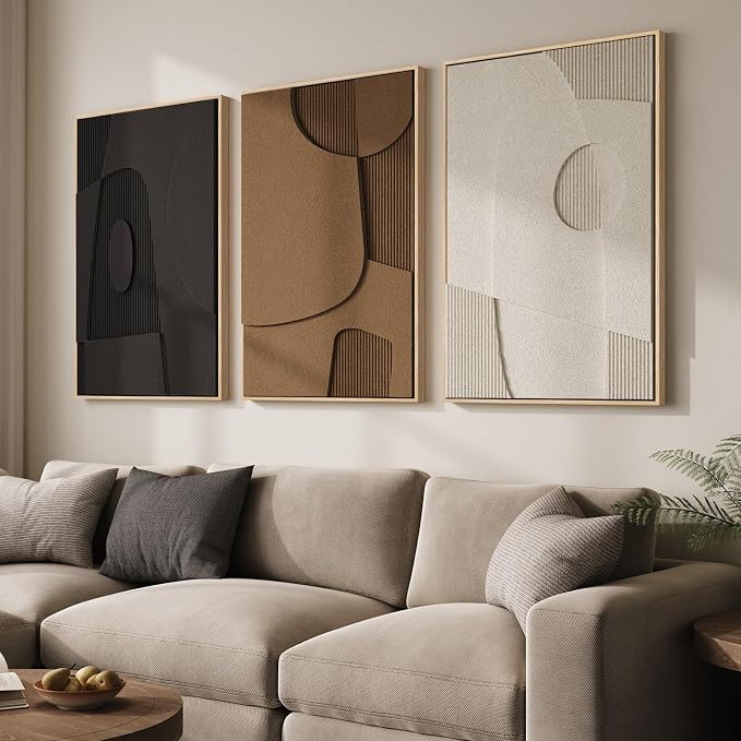 Large 3D Textured Framed Neutral Abstract Wall Art for Living Room, 3 Piece | Solid wood frames, sculptural curved detail, black white brown tones, big size 24x36 in, modern wall decor for bedroom office