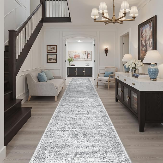 Soalmost Hallway Runner Rug 2'6" x 14' Washable Long Kitchen Rugs Grey | Non-Slip Vintage Runners 2.5x14ft for Bathroom Entryway, Thin Low-Pile Foldable 14 ft Floor Carpet Mat for Corridor Bedroom