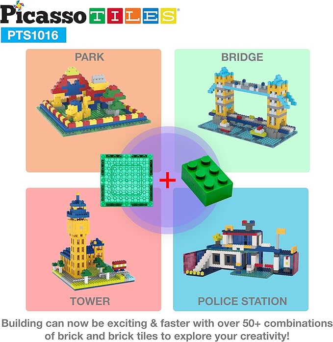 PicassoTiles 1016pcs Magnetic Tile & Building Brick Combo Construction STEM Toy Magnet Tiles for Creative Play Educational Toys for 3+ Large Bricks for Toddlers Compatible with Major Brands PTS1016