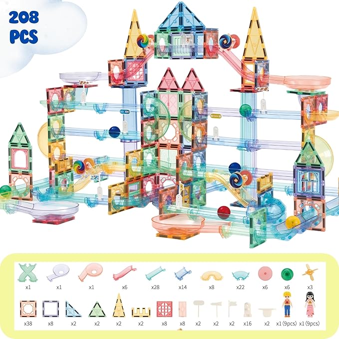 Magnetic Marble Run – 208 PCS Magnetic Tiles & Construction Blocks Set – STEM Building Toys for Boys & Girls Ages 3-9 – 3D Educational Marble Race Game – Gift for Birthdays & Classrooms