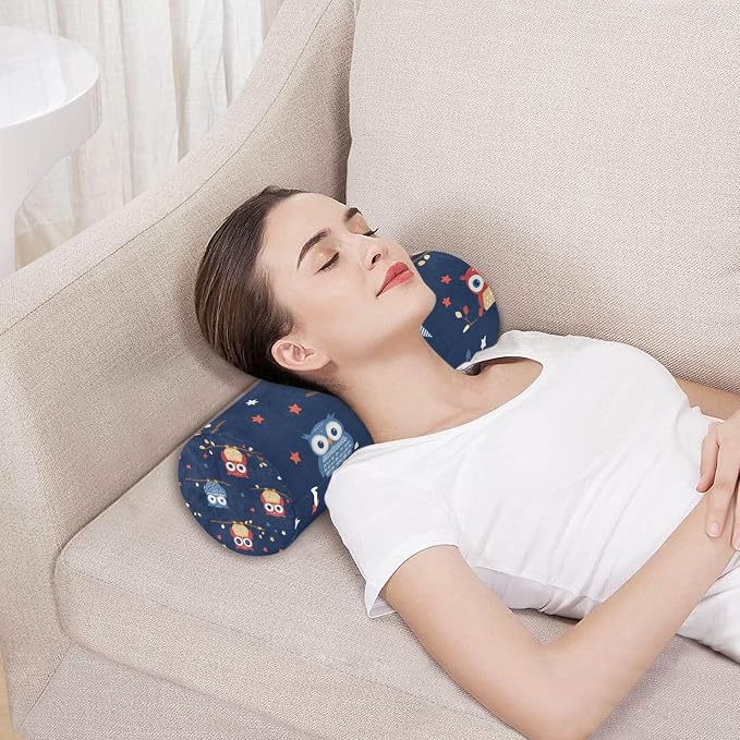 July 4th Owls Branch White Dark Blue Neck Roll Pillow Bolster Round Health Memory Foam Long Cervical Cylinder Pillows with Removable Washable Cover for Body Bed Legs Back Yoga