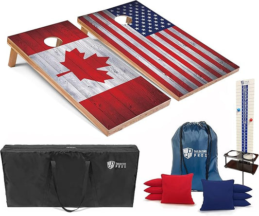 Tailgating Pros 4x2 Regulation Cornhole Boards Flag Set- Includes 8 Bean Bags, Carrying Cases, and Score Keeper - Optional LED Lights