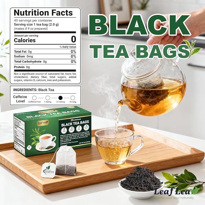 LeafLea Premium Black Tea Bags, Rich Robust Loose-Leaf Style Brew, 80 Count | Smooth Naturally Caffeinated Cup, Bright Malty Body, Hot or Iced; Sugar-Free, Vegan; Foil-Sealed Freshness