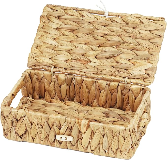 Water Hyacinth Wicker Storage Basket with Lid, X-Small | 9 x 5.1 x 3 Inch Box, Shelf Organizer, Rectangular Woven Bin, Small Item Storage, Natural Home Decor