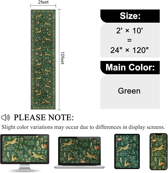 DUKINO 2x10 Kitchen Runner Rug, Soft Non Slip Animal Washable Rug, Green | Low Pile, Non-Shedding Indoor Carpet Runner for Hallway, Entryway, Bedroom, Bathroom, Laundry, Pet Friendly, Stain Resistant