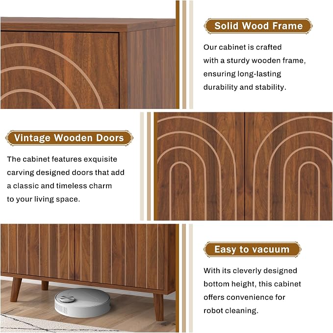 weselon 63" Sideboard Buffet Cabinet Set of 2, Modern Accent Cabinet with Carving Lines, Decorative Storage Cabinets for Living Room Kitchen Office and Hallway (Walnut, 2)