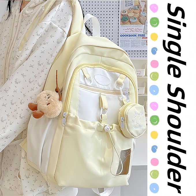 Kawaii Backpack Double Shoulder Bag with Cute Star Removable Pouch Small Clear Front Pocket Large Capacity Fits 16" Laptop Dopamine Colors Daypack (Yellow)
