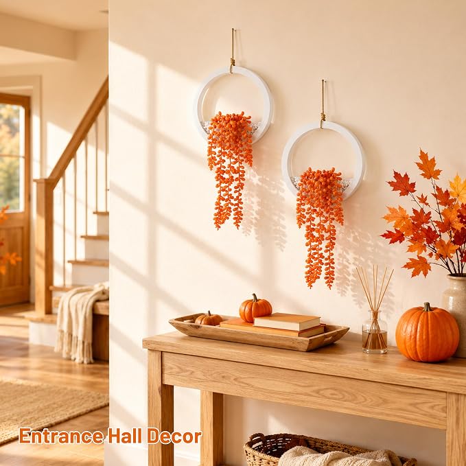 Der Rose 2 Pack Autumn Artificial Hanging Plants for Fall Wall Decor | Cascading string of pearls, warm autumn color, space-saving hanging design for bathroom kitchen shelf boho fall decor