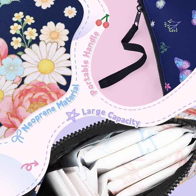 First Period Kit for Girls, Neoprene Sanitary Napkin Storage Bag, Menstrual Pad Bag Tampon Holder for Purse, First Period Gifts for 9-12 (Colorful Floral