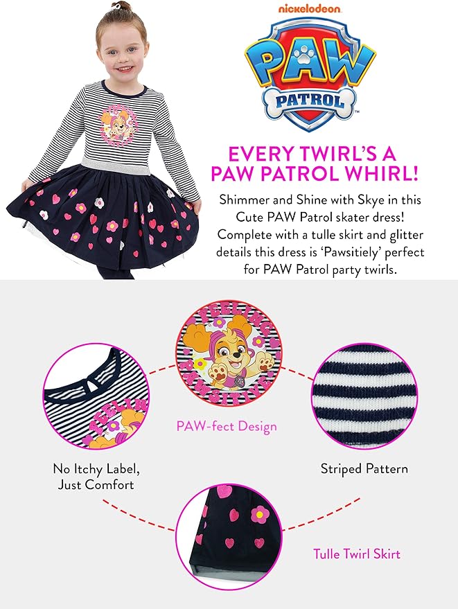 Paw Patrol Skye Dress Girls | Skye Girls Long Sleeve Dresses | Party Dress | Official Merchandise