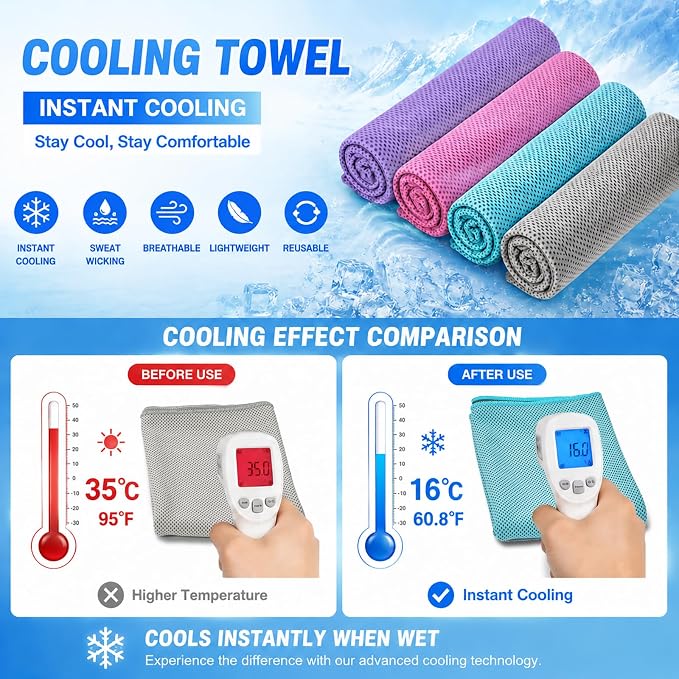 Amgico 8 Pack Cooling Towels 40"X12", Cooling Neck Wraps for Men and Women, Ice Towel, Soft Breathable Durable Towels for Yoga, Pilates, Tennis, Golf, Gym, Workout, Sports & More Activities