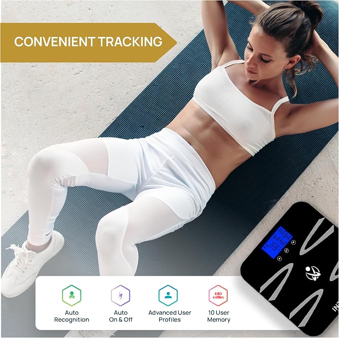INEVIFIT Body-Analyzer Scale, Highly Accurate Digital Bathroom Body Composition Analyzer, Measures Weight, Body Fat, Water, Muscle, BMI, Visceral Levels & Bone Mass for 10 Users. Includes Batteries