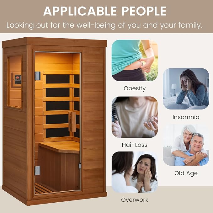 1 Person Sauna, Infrared Home Sauna for Detox & Muscle Recovery, Full Spectrum Hemlock Wooden Dry Sauna with Bluetooth & Tempered Glass Door, Compact Personal Sauna for Gym, 110V
